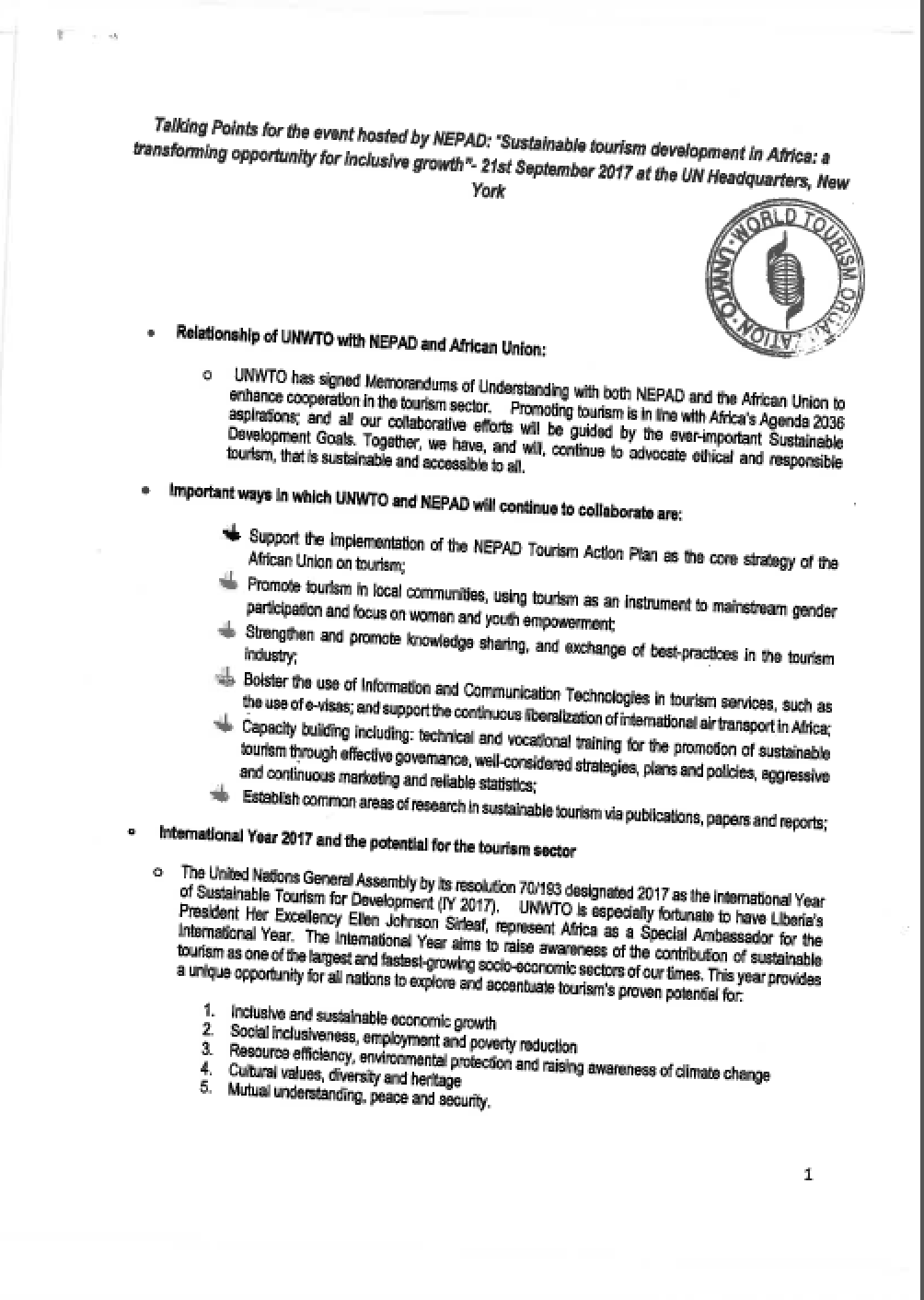 UNWTO Opening Remarks during the High Level Event on Sustainable